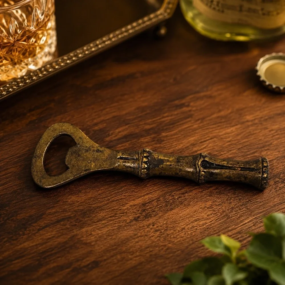Vintage Brass Bamboo Handle Bottle Opener Heavy Barware 6